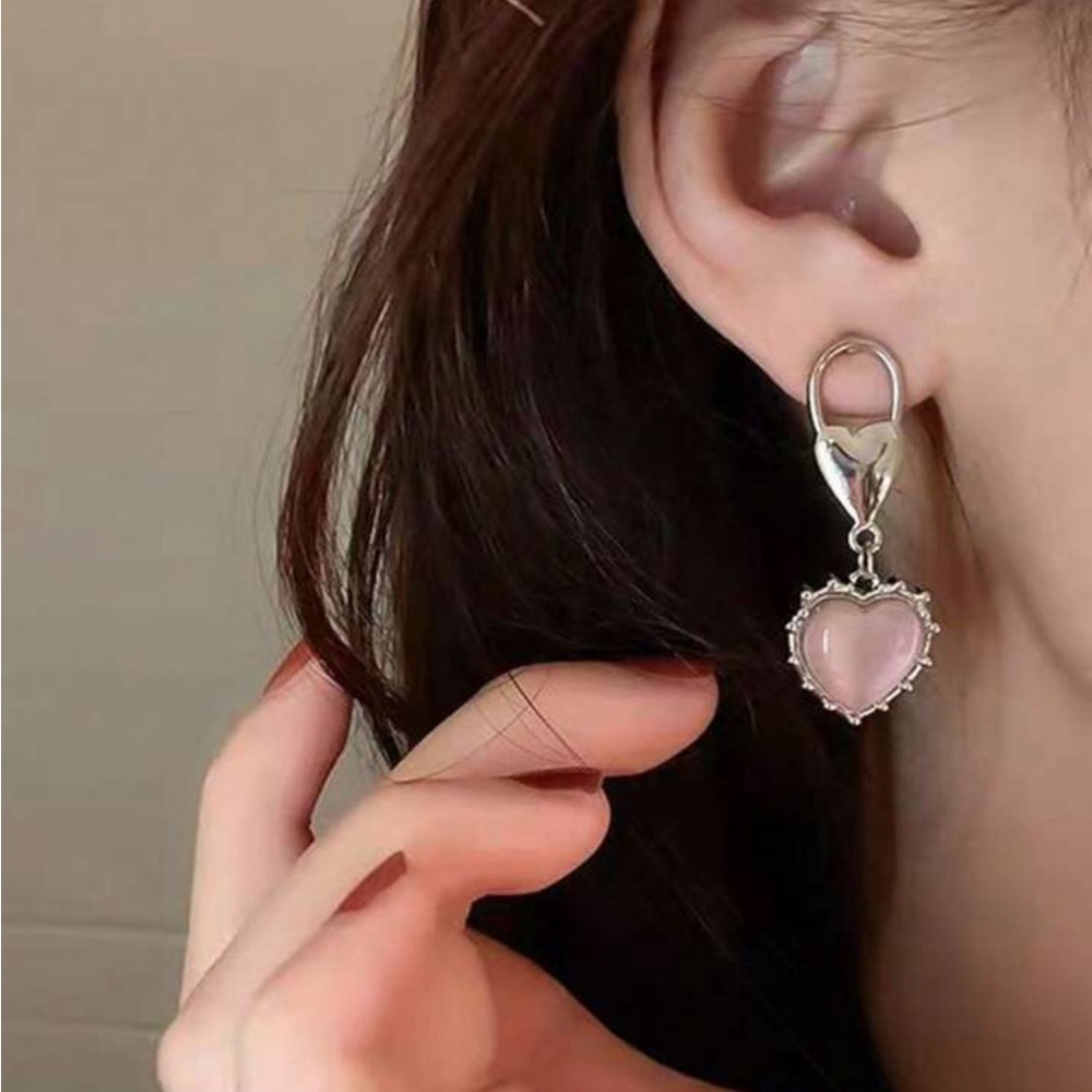 Pink Heart Silver Drop Earrings